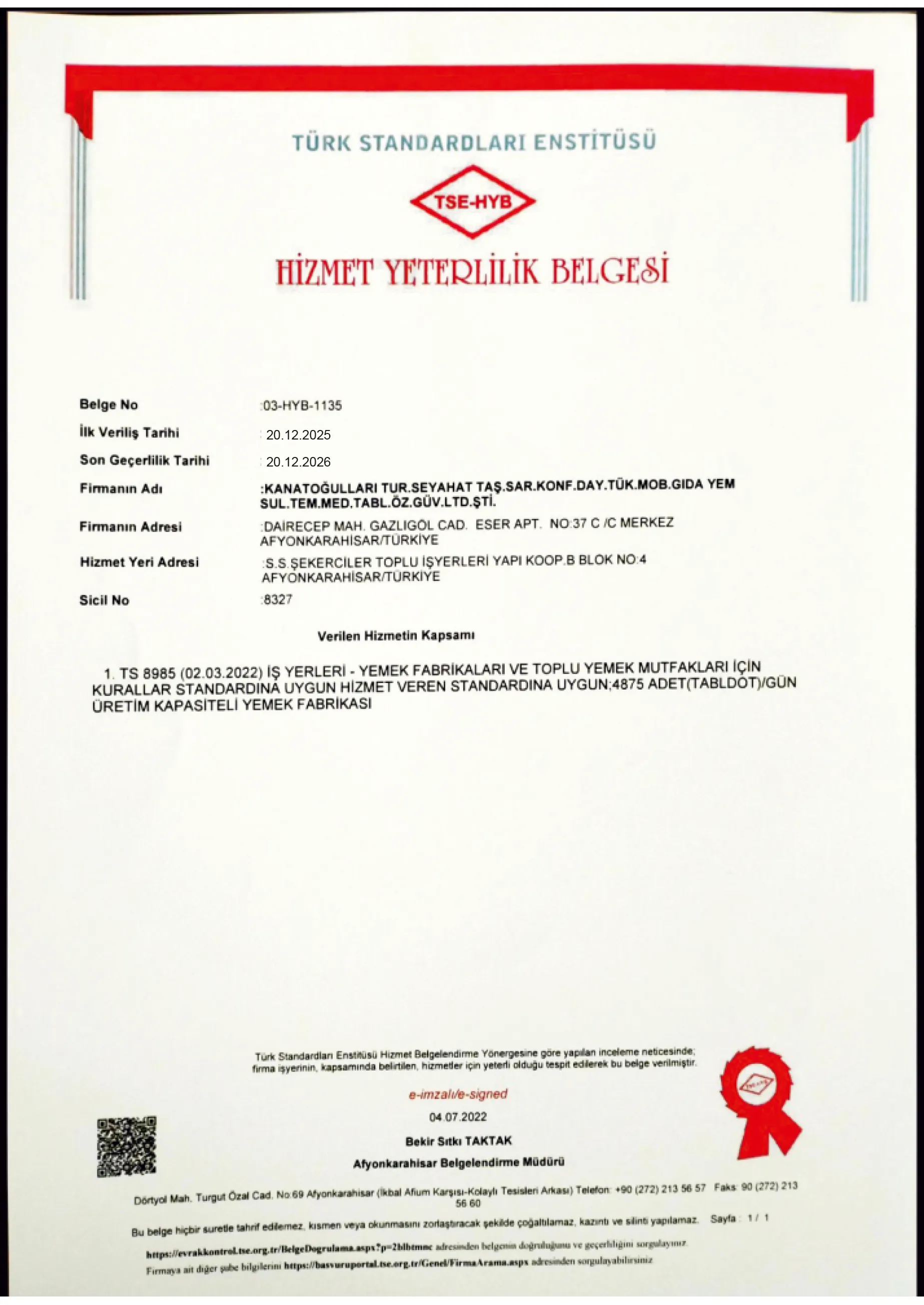 TSE Hizmet Yeterlilik Belgesi